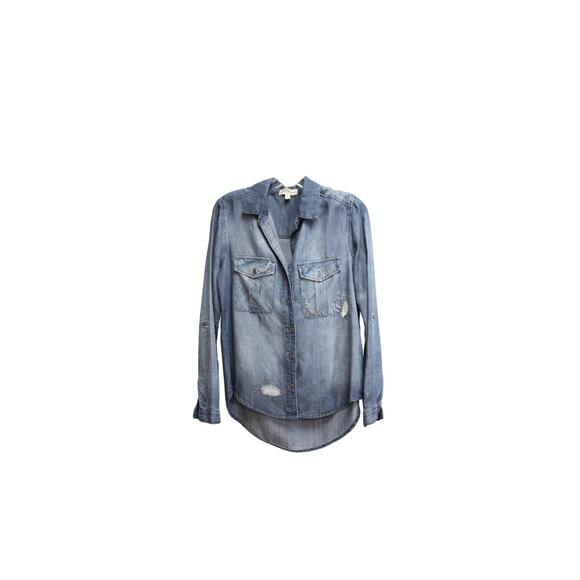 Cloth and Stone Distressed chambray Roll up tab sleeve button up shirt XS - Picture 1 of 8